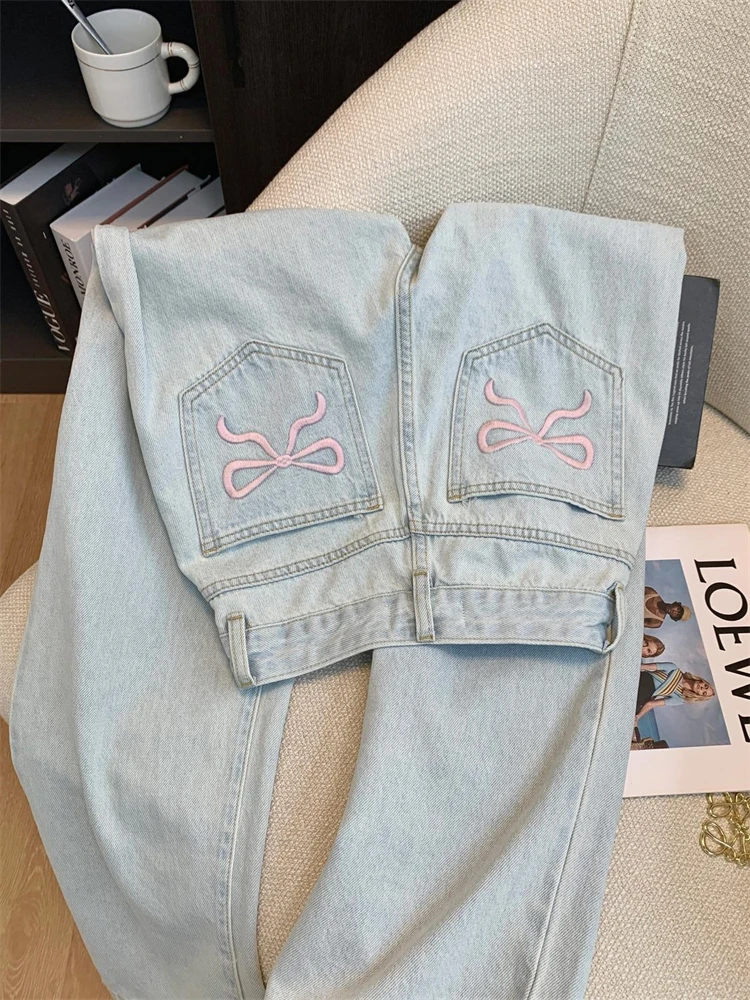 Women's Retro Style Straight Jeans Street Vintage Denim Trousers Young Girl Bottoms Female Bow Embroidery Wide Leg Pants