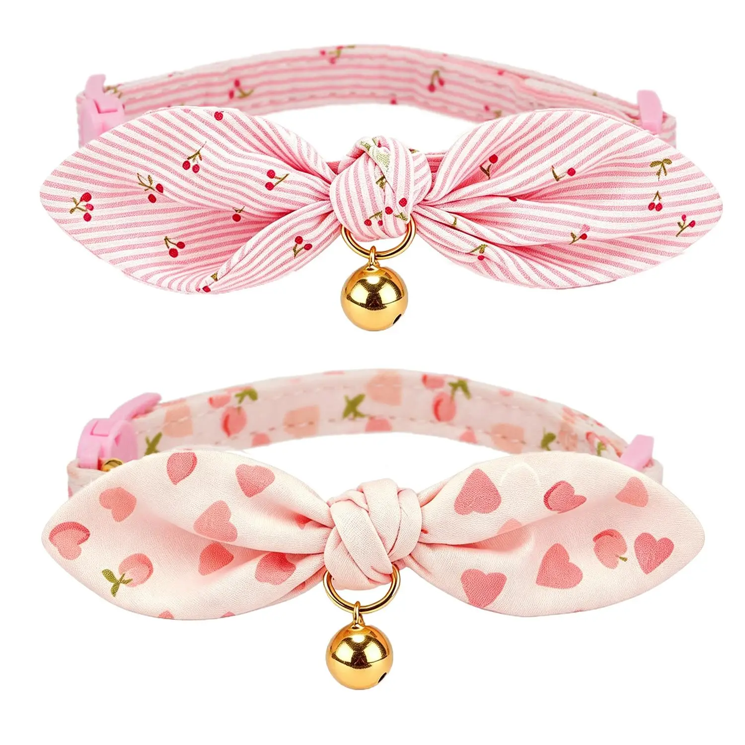 Cotton Bowtie Cat Collar with Bell 2 Pack Adjustable Breakaway Kitten Collars with Removeable Bow Pink Girl Cat Collars - view 3