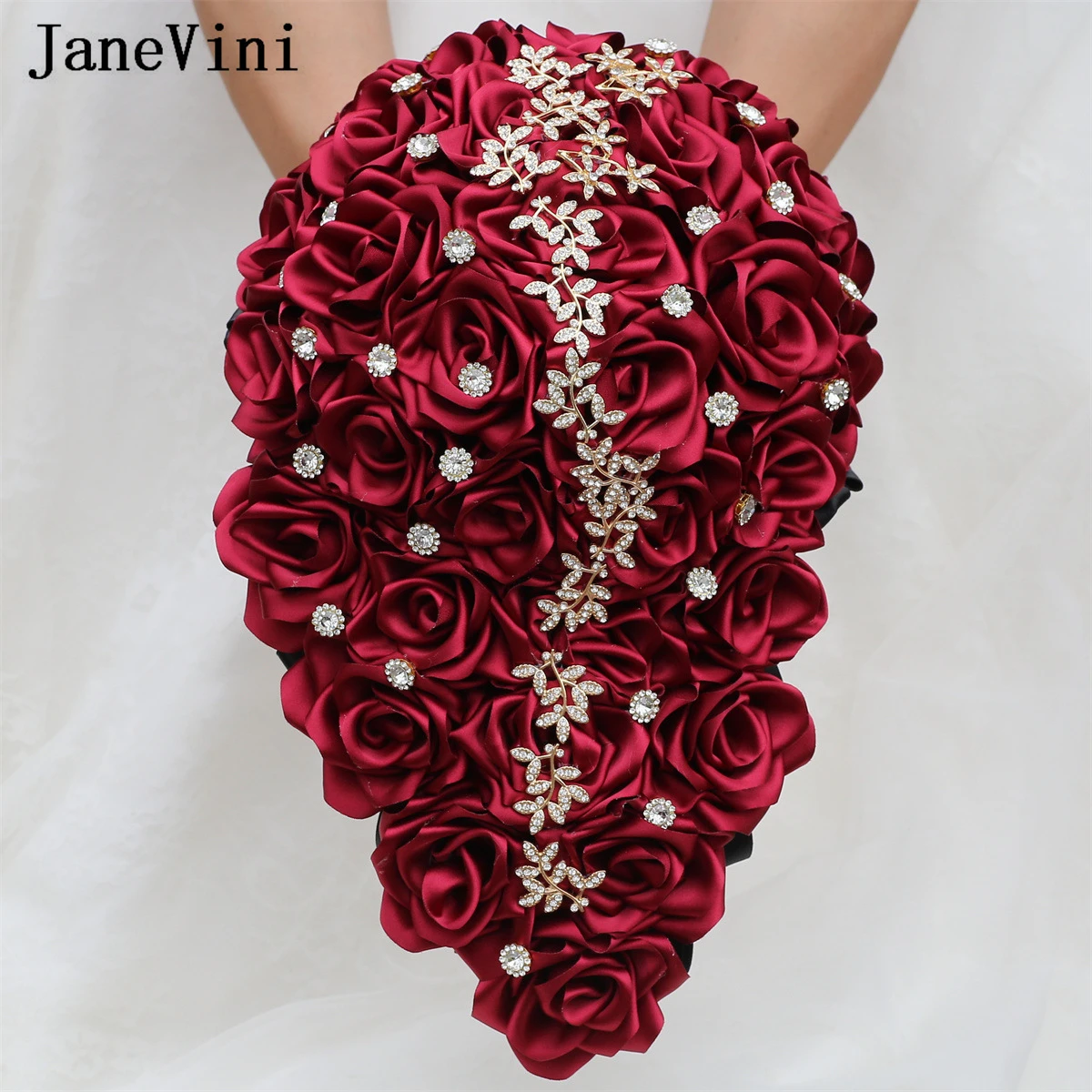 JaneVini Vintage Burgundy Rose Waterfall Bridal Bouquets Satin Cascading Bride Flowers Rhinestone Crystal Bouquet Ramo Para Boda