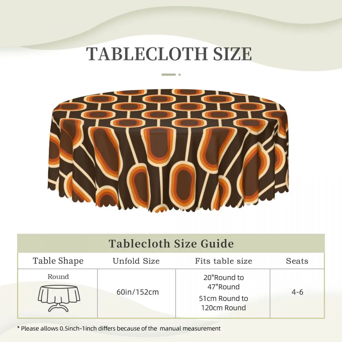 70s Pattern Orange And Brown Nodes Round Tablecloths 60 Inches Colorful Mid Century Table Covers for Parties Table Cloth