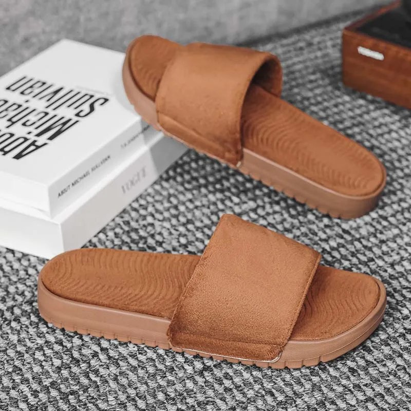 Men Summer Slide Sandals Soft Velvet Upper Wavy Molded Footbed Cozy House Slippers Thick Flat Sole Indoor Lounge Shoes