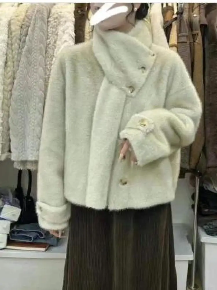 

Autumn Winter Solid Scarf Neck Short Mink Coat Korean Women's 2024 Long Sleeve Fashion New Single Breasted Jacket Casual Popular