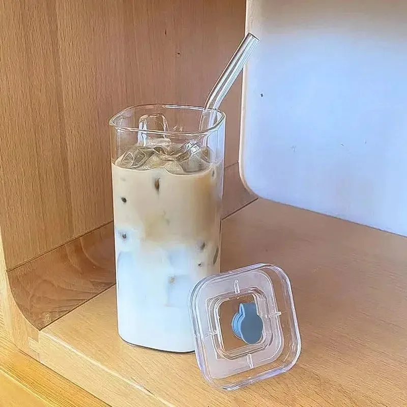 Square Heat-resistant Coffee Cup with Lid and Straw, Transparent Milk Tea Juice Cups, Home Bar Party Wine Glass, Cute Drinkware