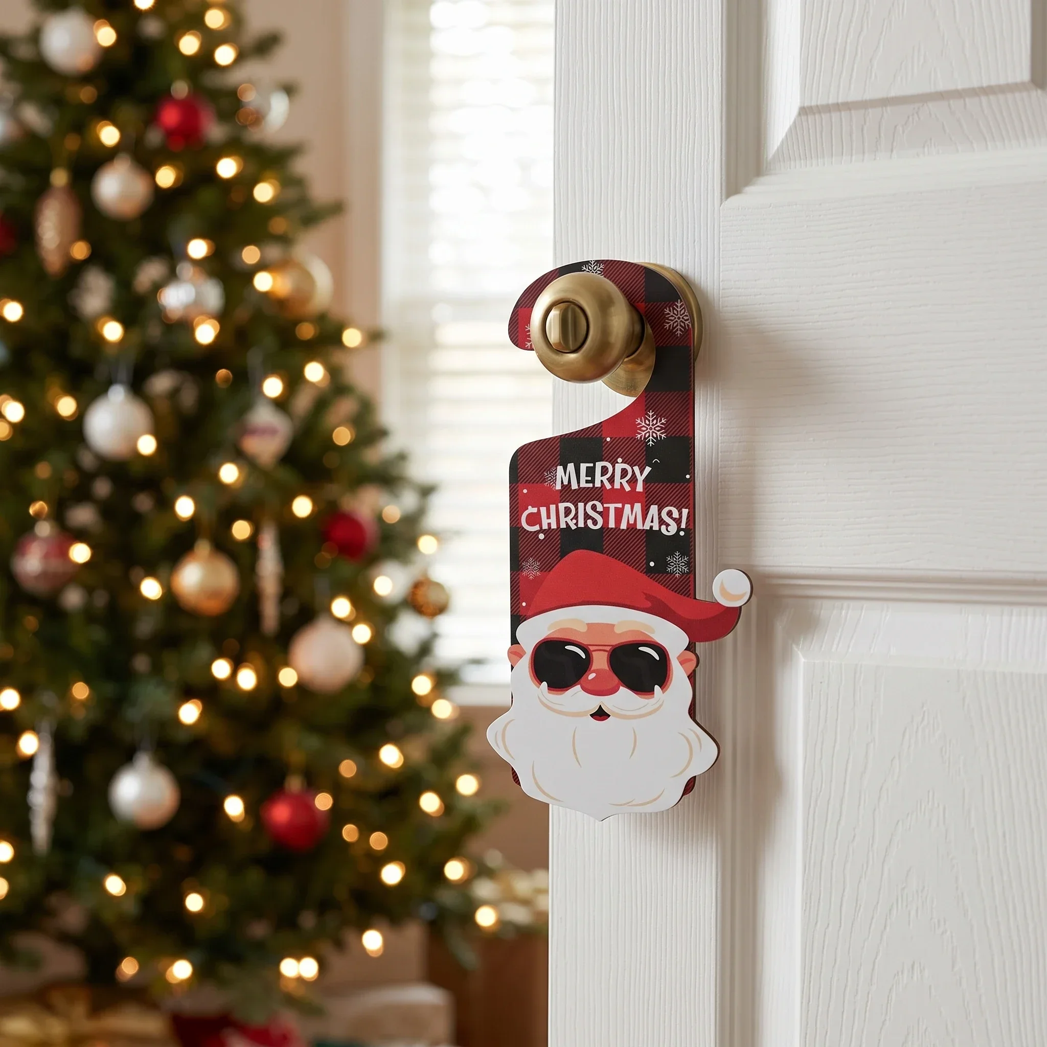 Christmas Door Hanger Sign Santa Snowman Reindeer Wooden Door Knocker Hanging Tag for Home Front Door Holiday Party Decor