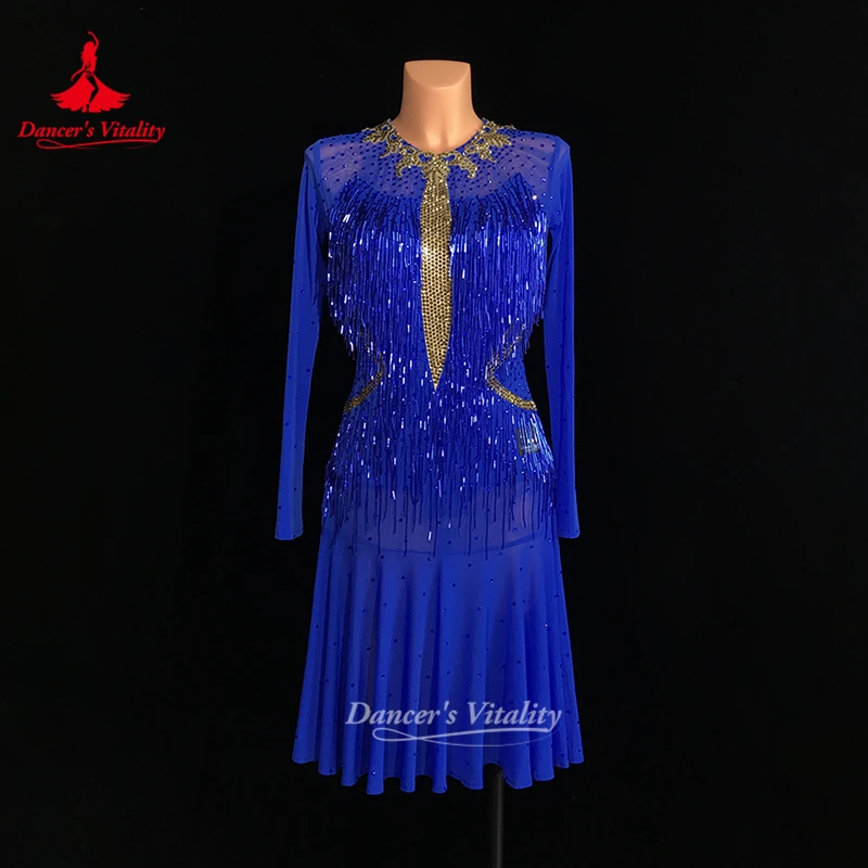 Two Colors Matching Chacha Samba AB Stone Long Sleeves Sexy Dress Dancer's Vitality Adult Latin Dance Perform Clothes Customize