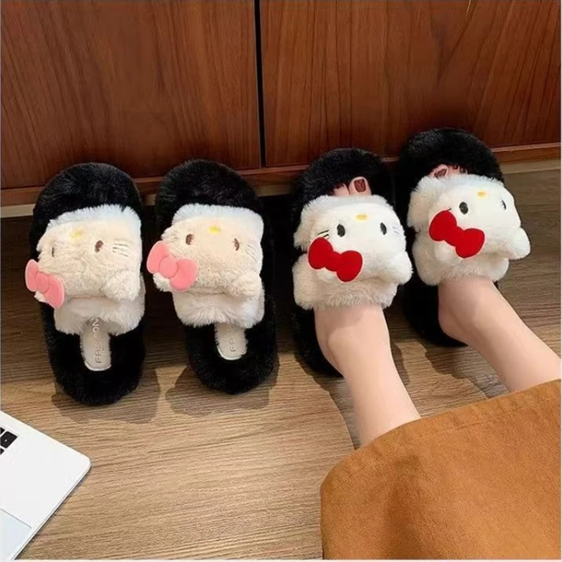 Kawaii simpatico cartone animato Hello Kitty pantofole pelose con suola spessa donna autunno/inverno tavolozza di colori dopamina nuova moda regalo adorabile