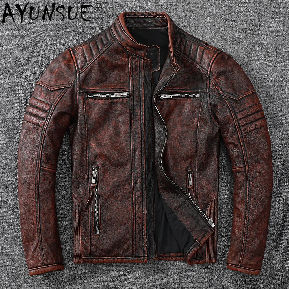 AYUNSUE Men Clothing Genuine Cowhide Leather Jacket Mens Motorcycle Suit Retro Clothes Autumn Coat Male Chaqueta Hombre LXR707