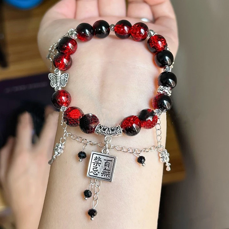 Rotes Perlen armband im chinesischen Stil für Frauen, die Schmetterlings quasten ketten anhänger armbänder mit dunklem gotischem Schmuck – Detail 2