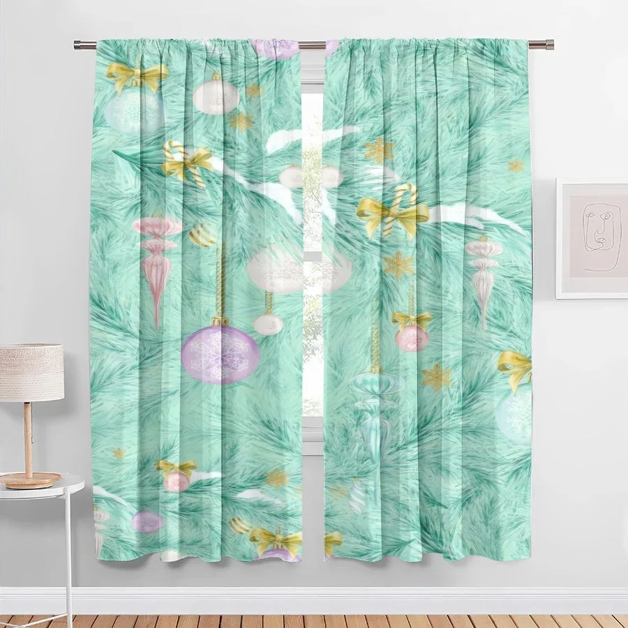 Watercolor Christmas Pine Green Curtain Panels Festive Holiday Decor Window Drapes for Living Room Bedroom