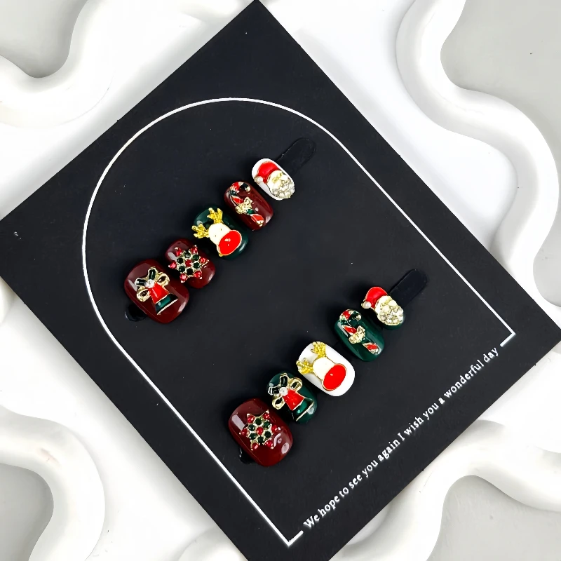 Novo natal unhas arte imprensa-em unhas conjunto curto squre com elementos de férias removível santa & floco de neve padrão manicure kit