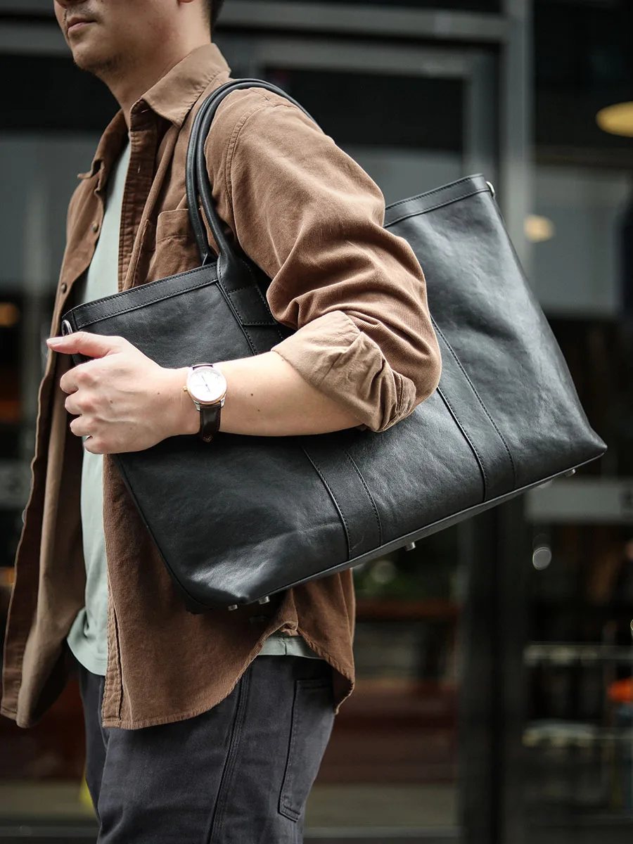 Bolsa masculina de couro legítimo preto macio, bolsa tote de computador de grande capacidade, pasta de ombro crossbody, bolsa de viagem