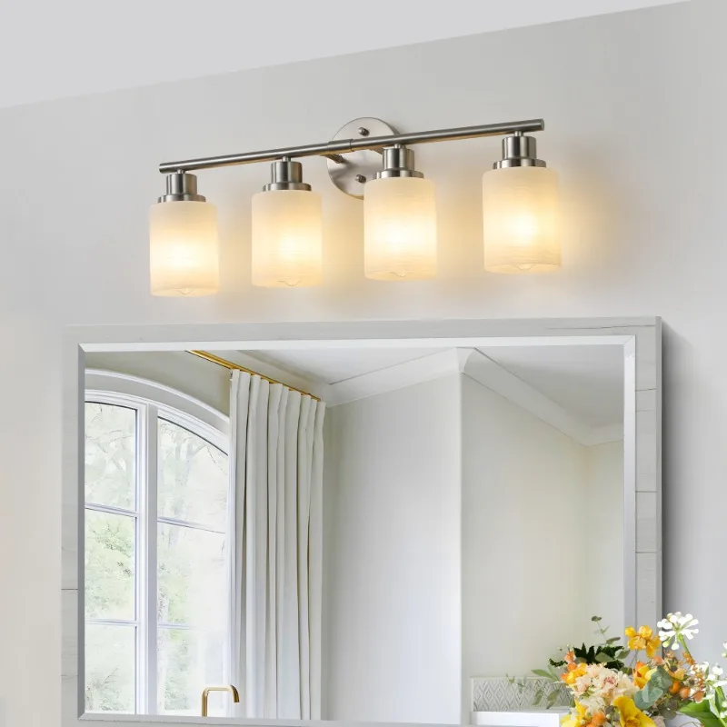 Exquisite Brushed Nickel 4-Light Vanity Wall Sconce Frosted Glass Shade Bathroom Hallway Fixture