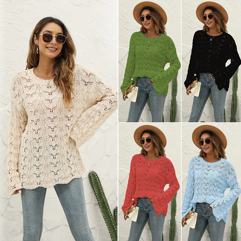 2022 autunno e inverno nuova maglia tinta unita gancio fiore scava fuori pullover girocollo maglione allentato per le donne