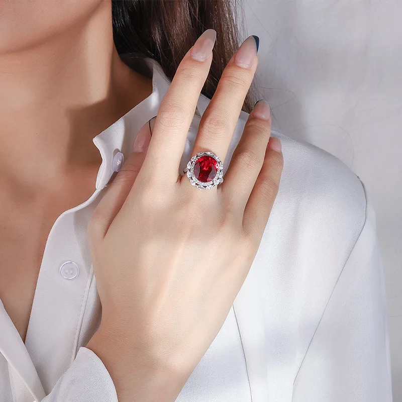 S925 Full body Silver Colorful Treasure Red Treasure Blue Treasure Full Diamond Closed Ring Main Stone 12 * 14