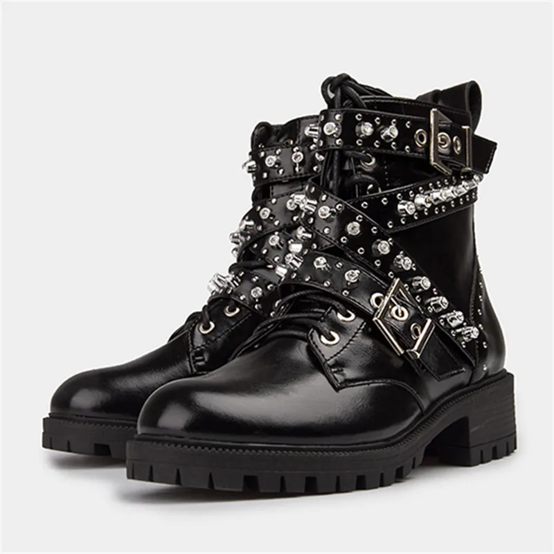 Punk Style Women Ankle Boots Rivets Studded Thick Sole Shoes Woman Black Genuine Leather Short Booties Casual Knight Botas Mujer