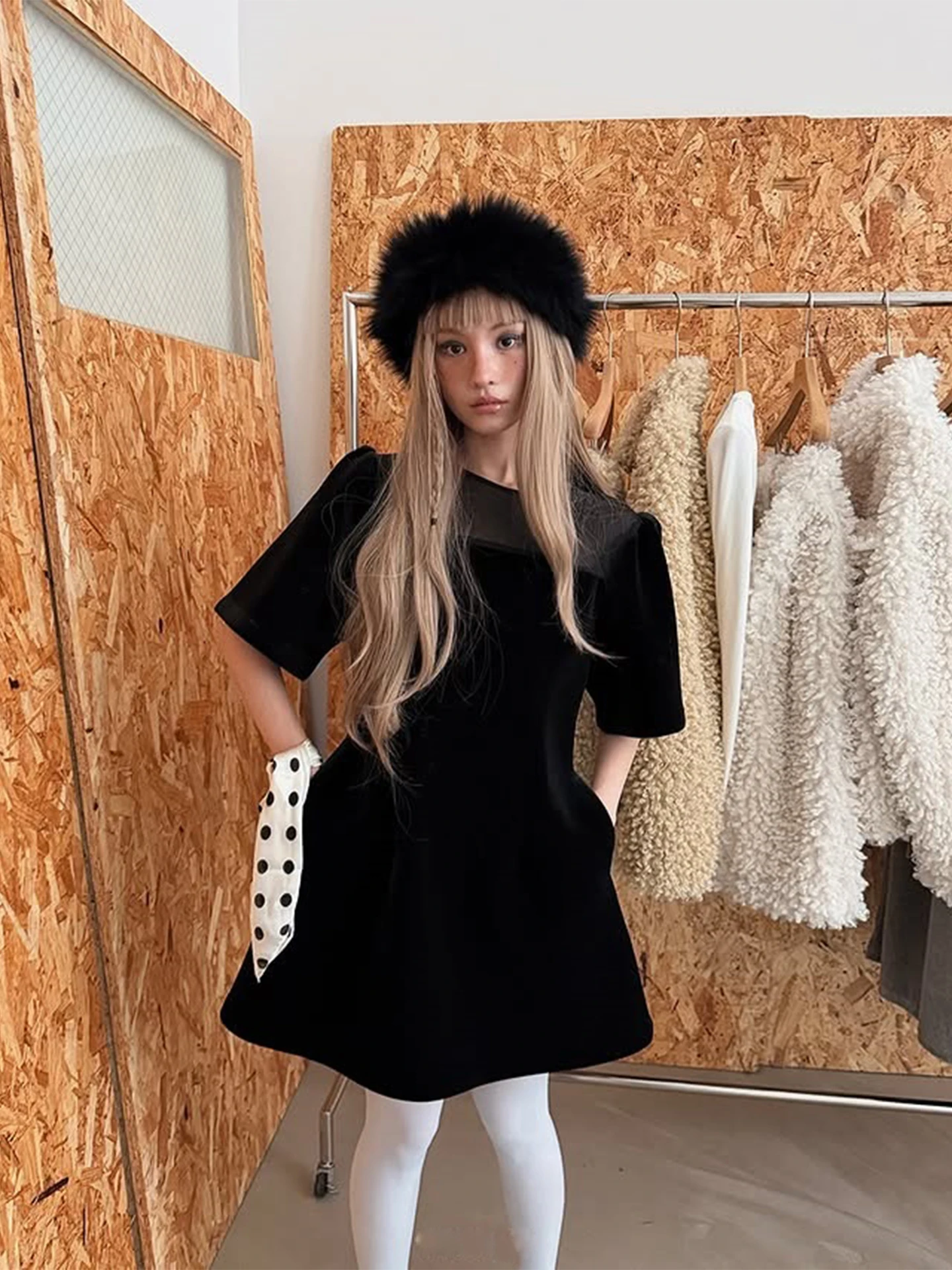 エレベルベット ミー Aライン ドクターレディース 早春 スリム ハイウエスト バブルスリーブ スプライス パーセプション 通勤 スレ