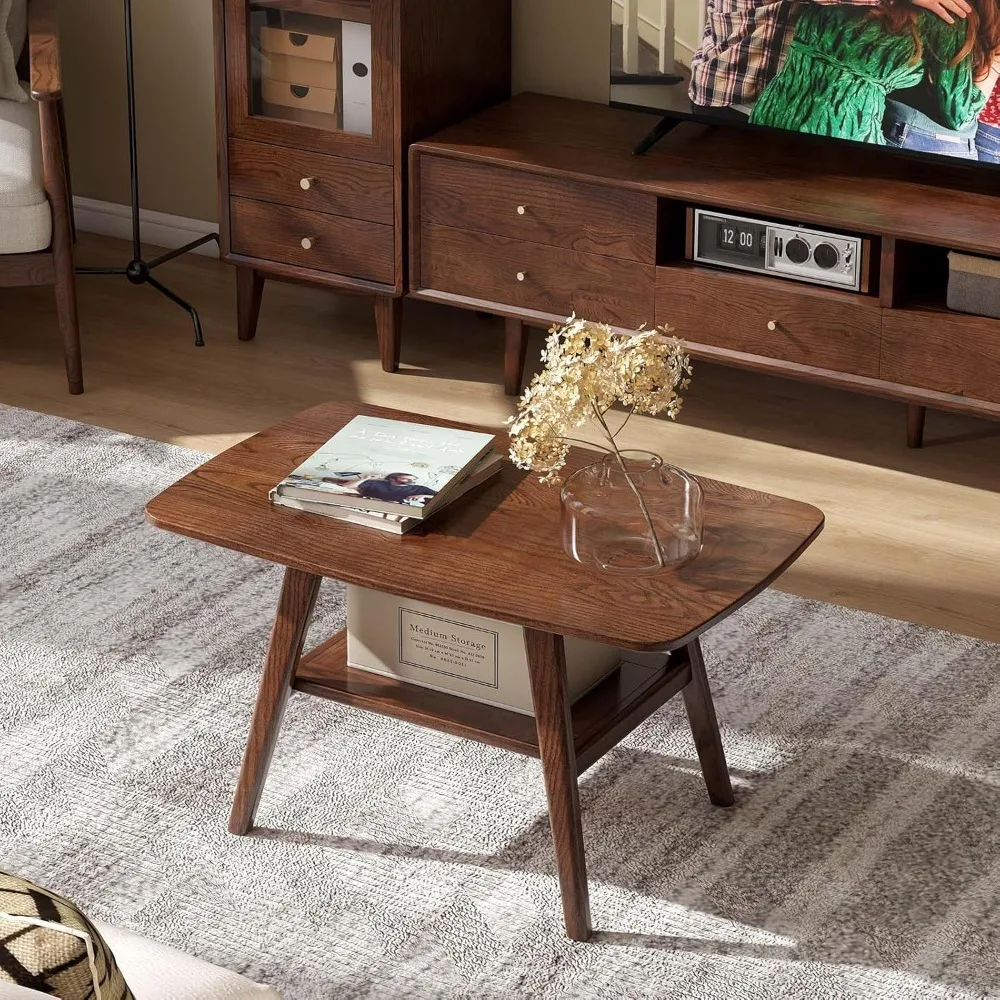 Mid Century Modern Storage Coffee Table，Solid Wood Coffee Table for Living Room, Small Tables with Shelf Storage