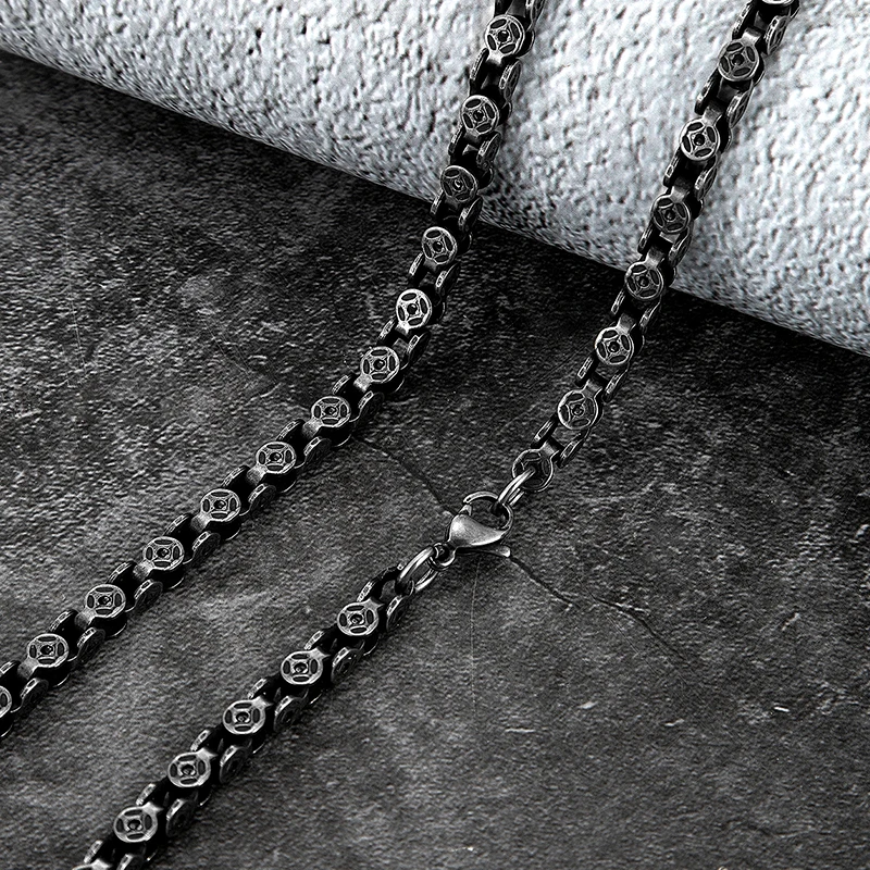 Never Fade Vintage Black Cuban Chain necklace Men‘s Antique Stainless Steel Creative long chain Punk Male nape Jewelry wholesale