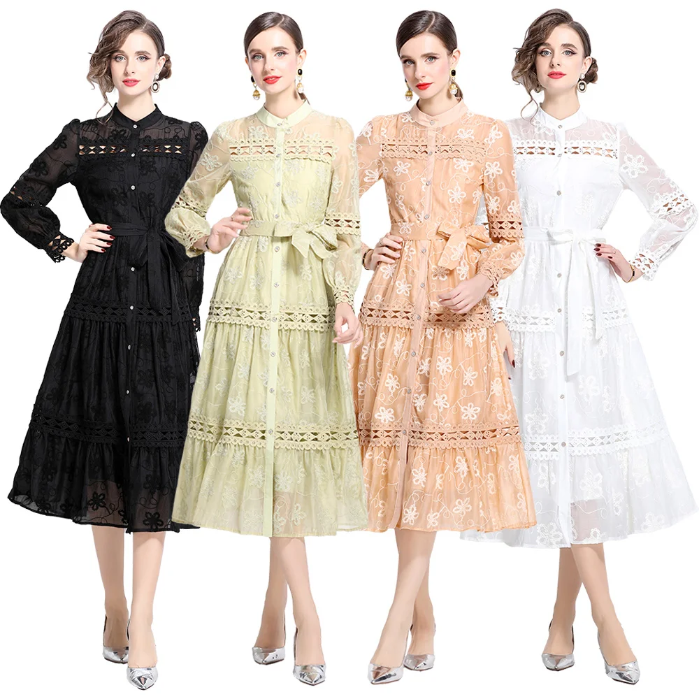 Elegant Green Embroidered Hollow out Stand Collar Splice Slim Fit Autumn Dress Button Closure Midi Skirt for Women