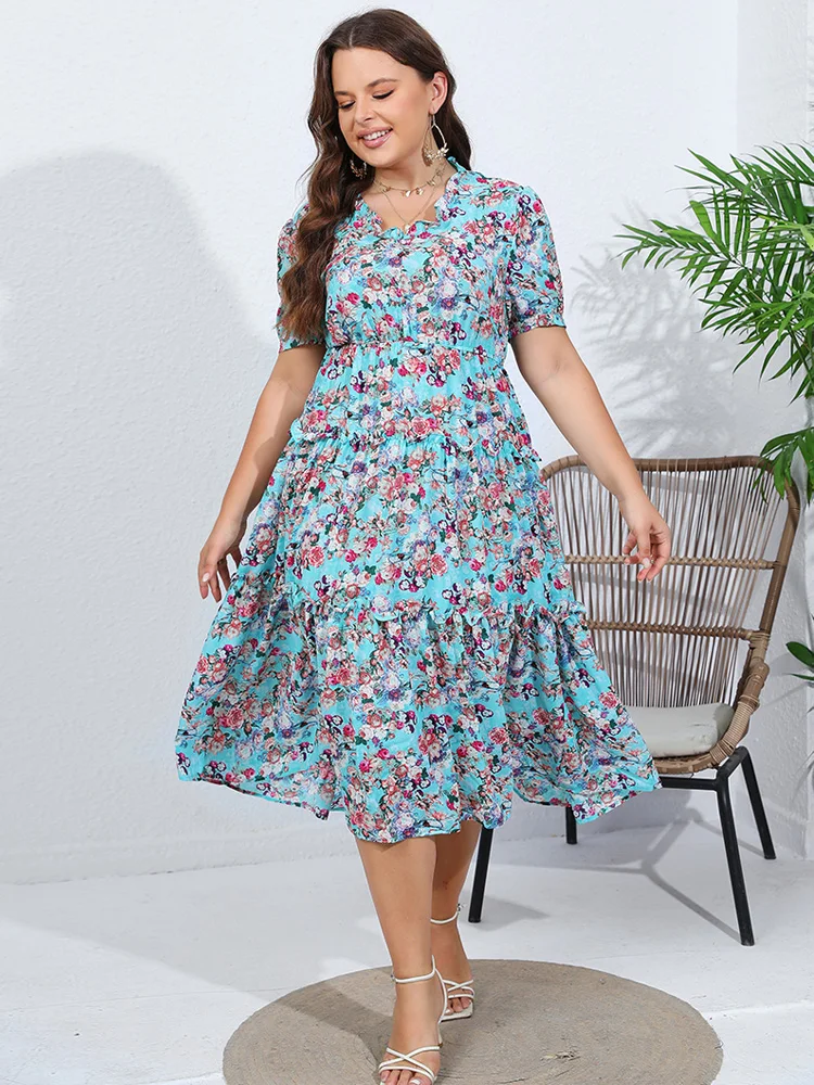 GIBSIE-Robe longue en mousseline de soie, grande taille, manches bouffantes, imprimé floral, vacances d\'été, Boho, plage, ourlet à volants, robes