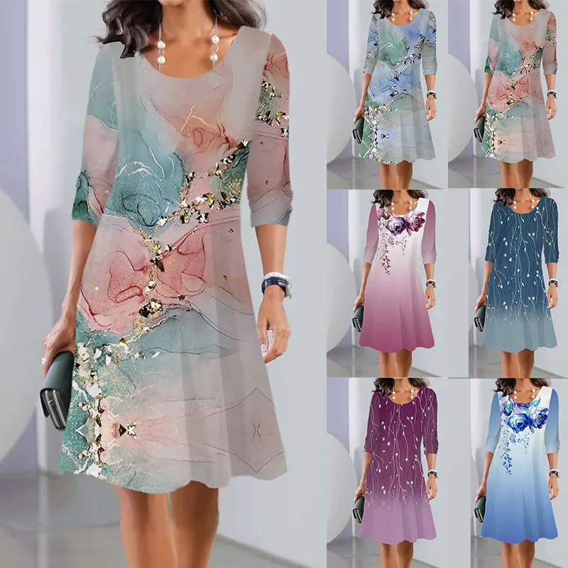 

Elegant Women's Midi Dresses 2024 Summer Printed Long Sleeved Dress Evening Костюм Летний Женские Abiti Midi Vestido Elegante