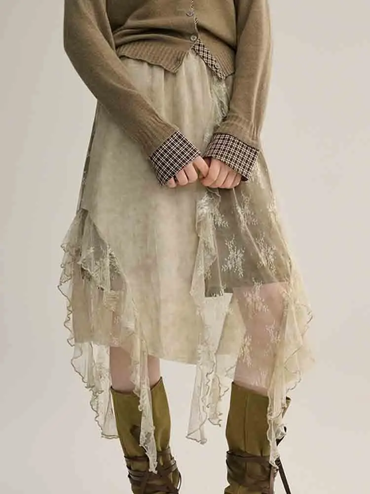 

Printed Lace Splicing Elastic Waist Skirt Women's Clothing