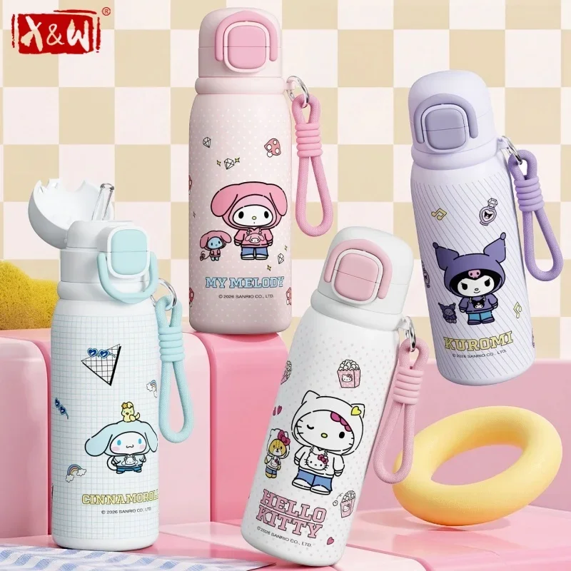 X&W Sanrio SUS316 Kids Thermal Mug 2-in-1 Straw & Direct Drink Vacuum Insulated Portable Water Tumbler for Boys Girls School Use
