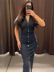 Elegant Pleated Single Breasted Denim Dress Women Fashion Short Sleeve Lapel Solid Vestidos 2025 Lady Chic Slim Fit Commute Robe
