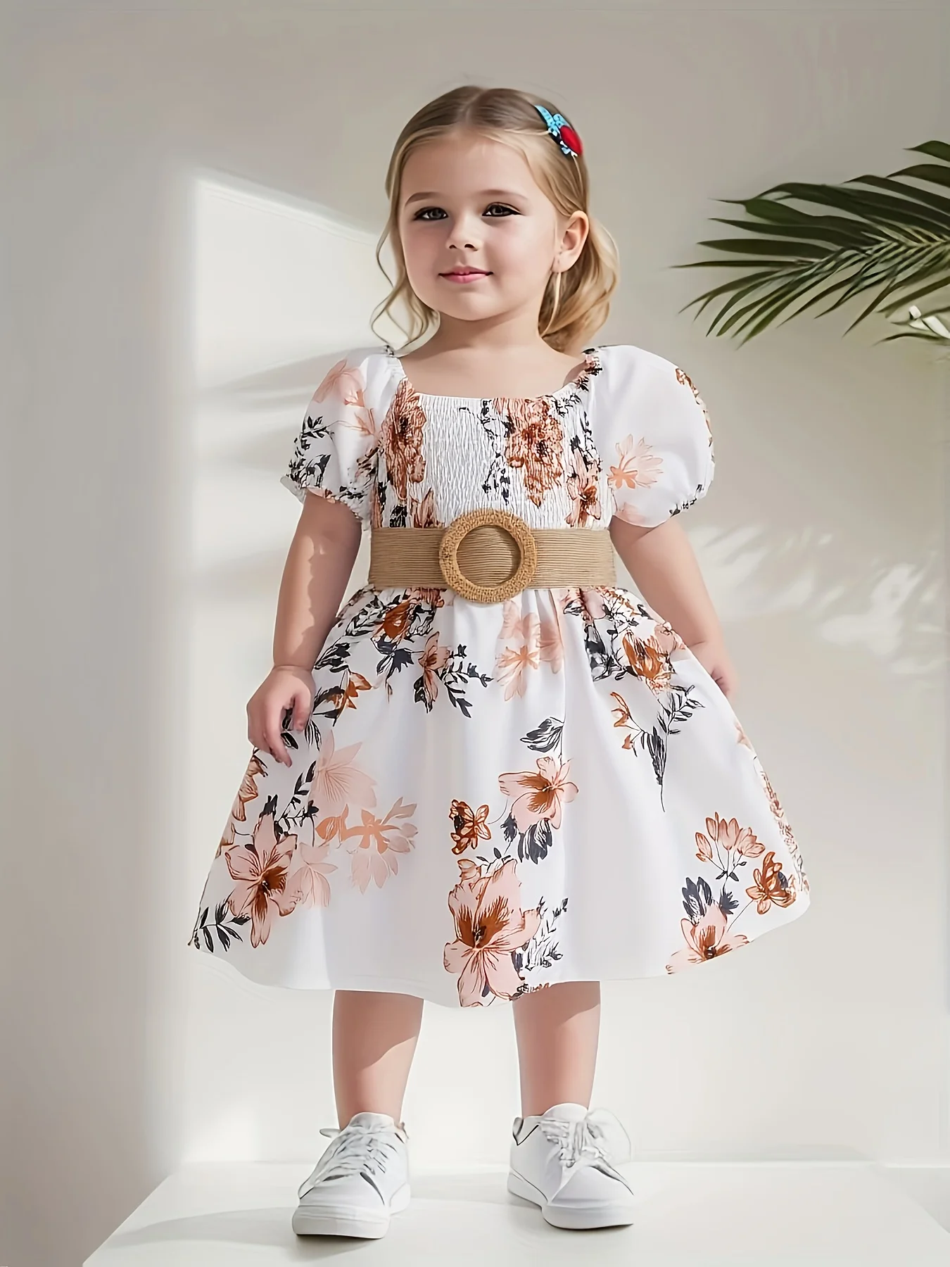 Baby Girl's Spring and Summer Round Neck Floral Pattern Pastoral Style Dress with Belt Included
