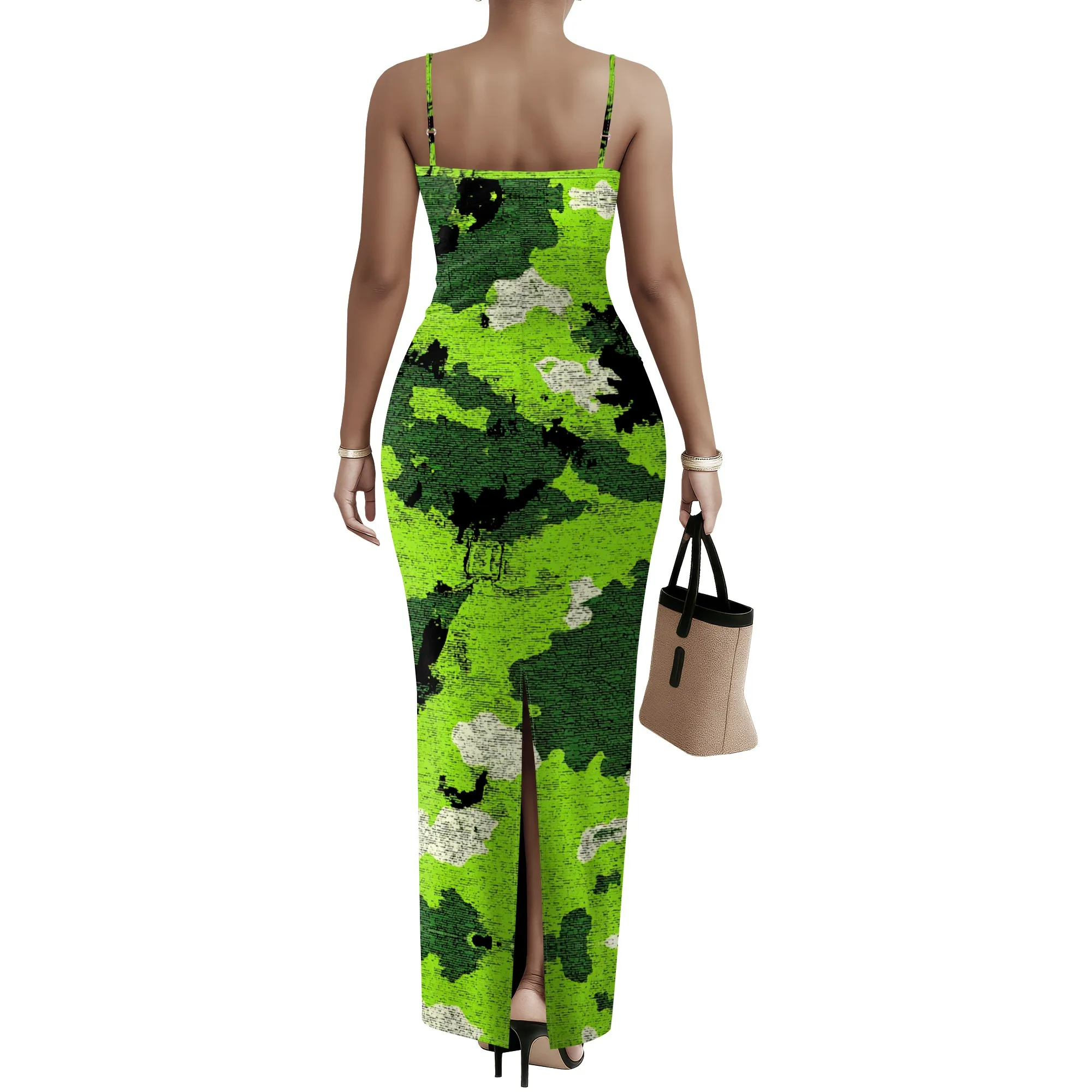 Green Camo Print Bodycon Maxi Dress XS-3XL Spaghetti Strap Slim Fit for Summer Vacation, Music Festival or Pool Party