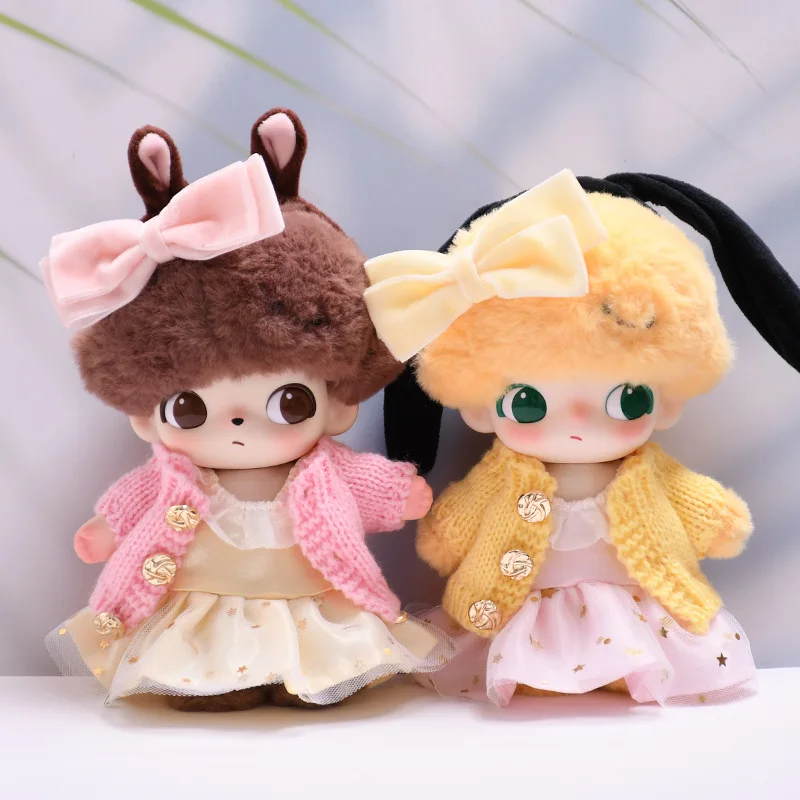 

Clothes For DIMOO WORLD 15/17Cm Labubu Gen 1-3 Gold Glitter Wool Cardigan Skirt Set Apparel Hanging Accessories