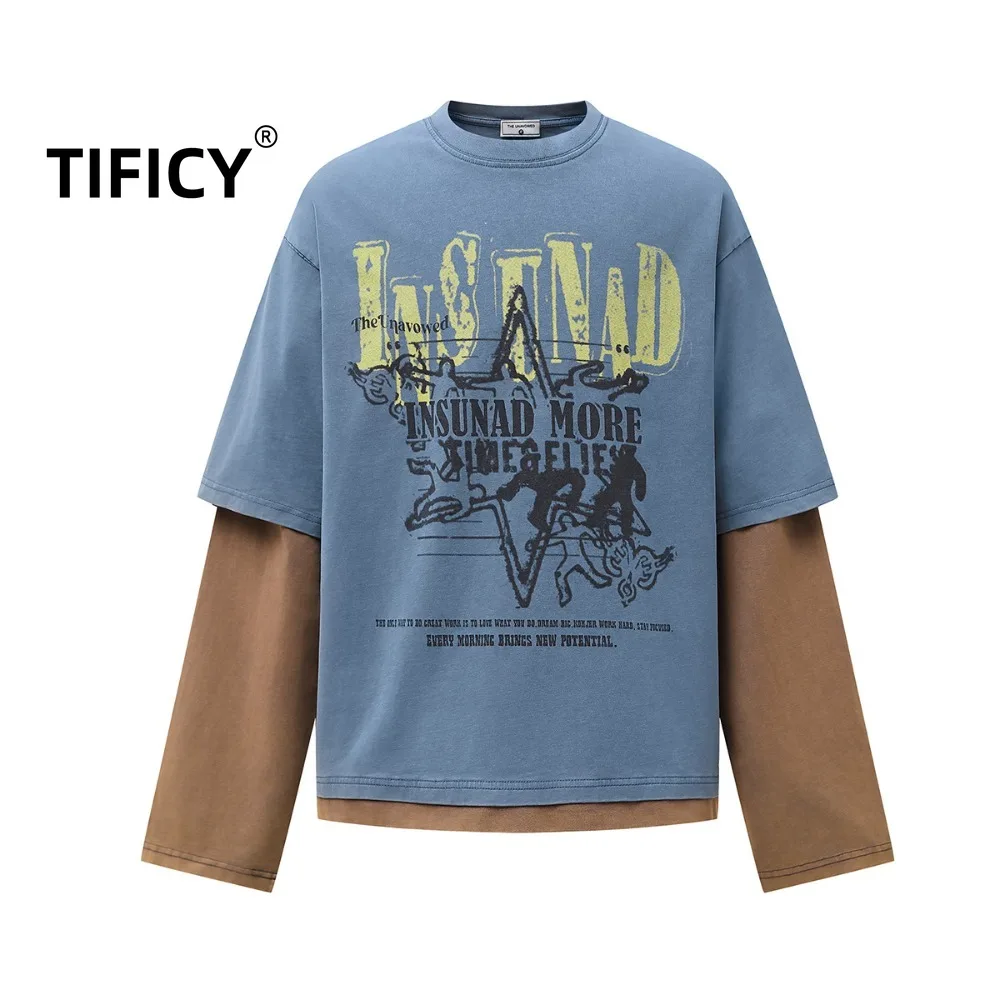 

High Street Tees Tshirt Men's Autumn New Base Shirt Color Blocked Fake Two-piece Streetwear T-shirt Long Sleeved