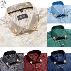 Dropship Silk Jacquard Mens Shirts Gold Red Blue Navy Gray Burgundy Pink Purple Long Sleeve Slim Fit Shirt For Men High Quality