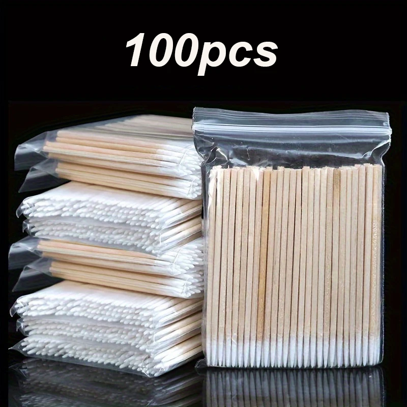 100 Buah Alat Ekstensi Bulu Mata Penyeka Kapas Kayu Mikro Tato Microblading Pembersih Stik Kayu Ujung Kuas Katun Kosmetik