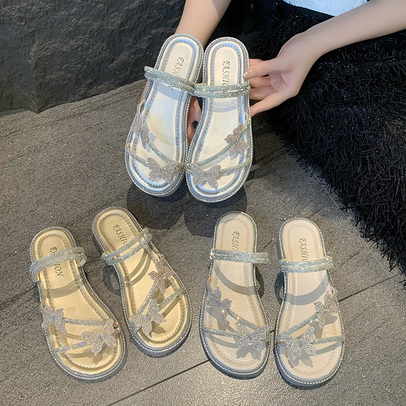 

Шлепанцы женские с блестками, летние сандалии-желе с бантом-бабочкой, роскошные римские скандалы с кристаллами, модные тапочки, 2024