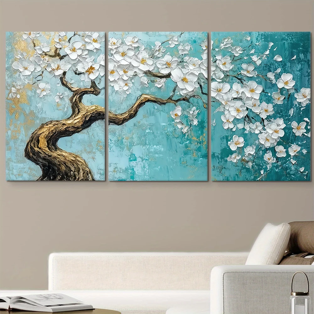 Set di 3 Quadri su Tela Senza Cornice, Dipinti a Mano in Stile Minimalista Moderno, Decorazione Tridimensionale con Albero di Ciliegio in Fiore