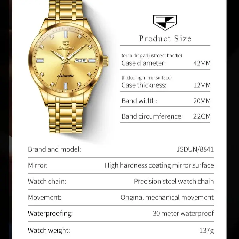 JSDUN 8841 Automatic Mechanical Watch for Men Gold Stainless Steel Luxury Waterproof Calendar Wristwatch Man Relojes Hombres