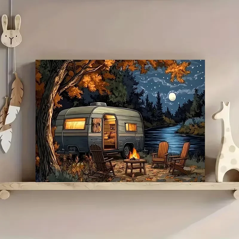 Multiple sizes 1pc frameless Canvas Painting,Vintage Campervans By The Lake Moonlight Rustic Poster and Prints Canvas Painting W
