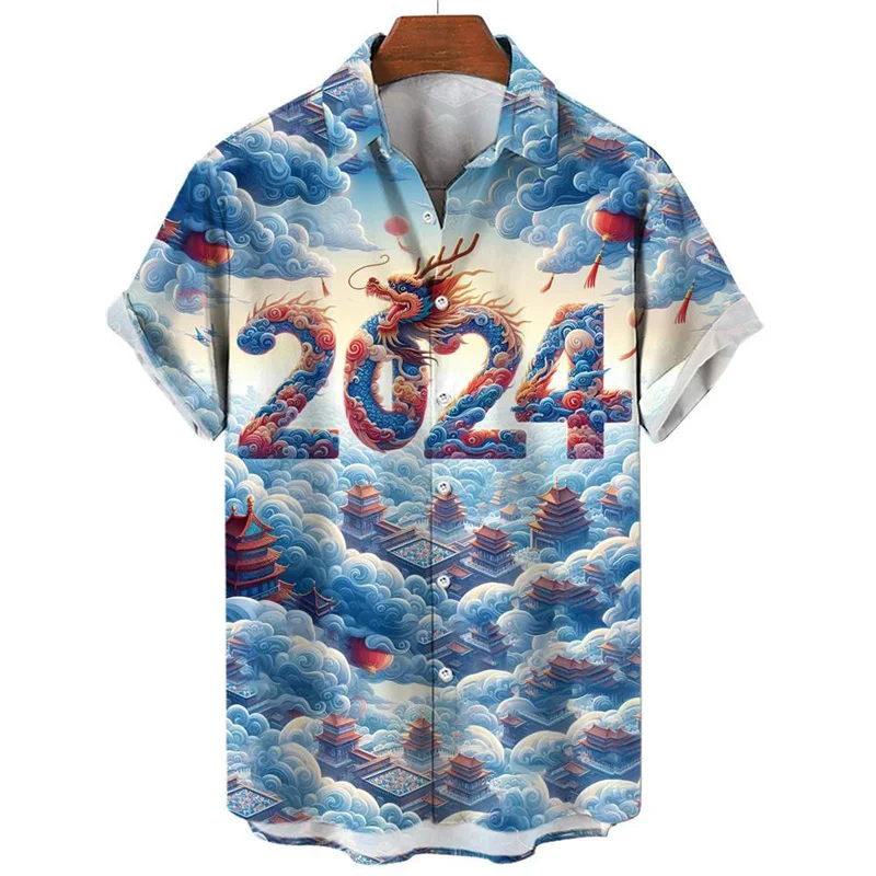 Fashion 3d Printed 2024 Chinese Dragon Shirt Men Fashion Summer Hawaiian Shirt Fashion Top Loose Button Lapel Blouse Clothing