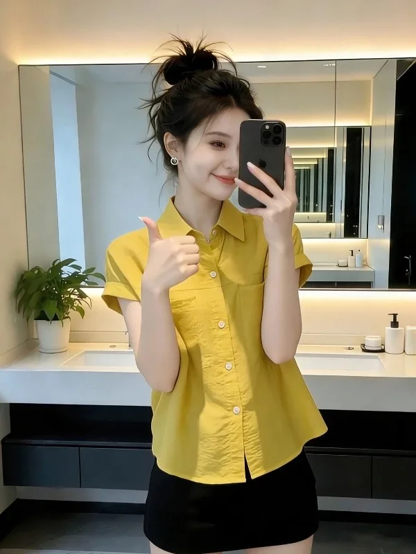 

Korean Style Soft Fashion Versatile Loose Slimming Yellow Top Women's Summer Short Sleeve Turn-down Collar Button-down Shirt