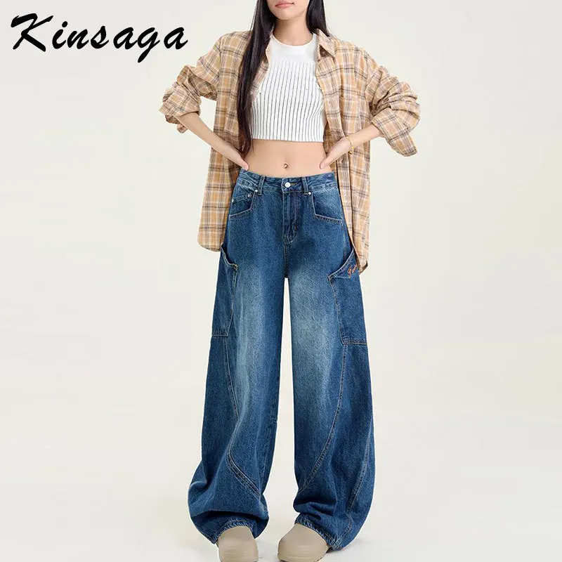 Girl Ultra Wide-leg Twist Banana Jean Streetwear Stiching Striped Barrel Leg Tapered Denim Jeans Culottes Pintuck Baggy Trousers