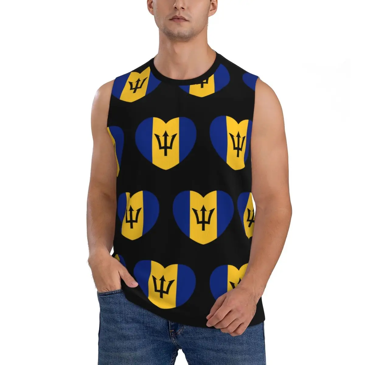 Barbadian Heart For Real Bajans Barbados Flag Men Sleeveless Tank Tops Quick Dry Breathable Gym Fitness Running Sport Vest