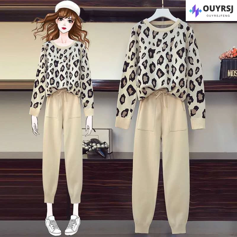 Spring and Autumn New Knitted Two Piece Fashion Personalized Leopard Pattern Long Sleeve Loose Sweater Set