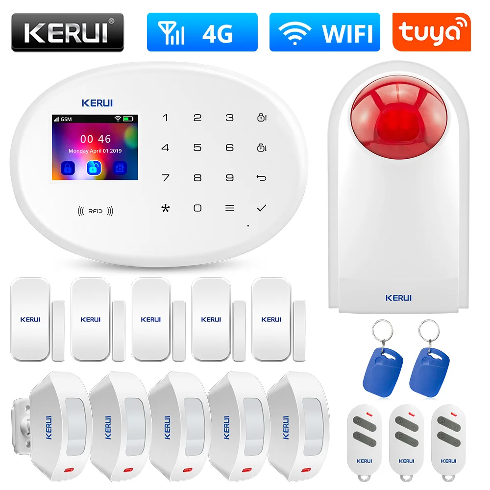 KERUI W20 4G WiFi GSM Home Security Alarm System Android IOS Tuya APP RFID Card Disarm/Arm Wireless Burglar Alarm Touch Keyboard