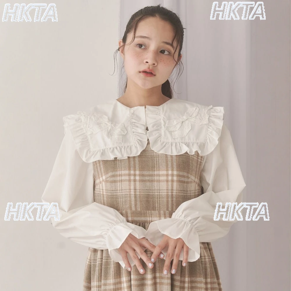 

Japanese Winter Sweet Three Dimensional Ribbon Bow Ruffle Edge Pleated Lapel Long Sleeved Shirt Loose White Blouses Tops Women