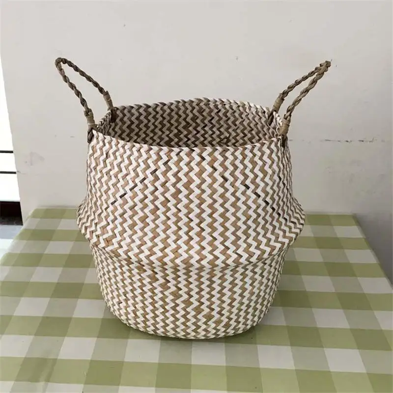 Foldable Handmade Seagrass Flower Pot Storage Wicker Basket Rattan Straw Home Garden Wave Pattern Planter pots Laundry Basket