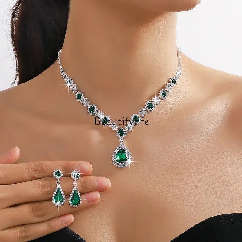 

European and American full diamond big water drop crystal color blue and green collarbone chain earrings set