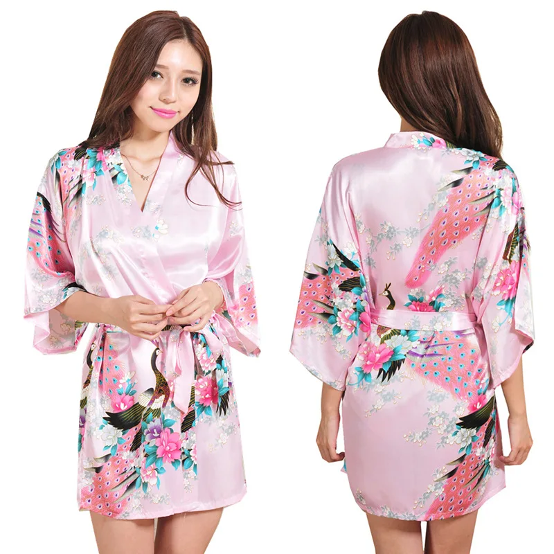 Women's summer nightgown color Tin silk and dress style loose cardigan printed peacock peony short daily morning gown