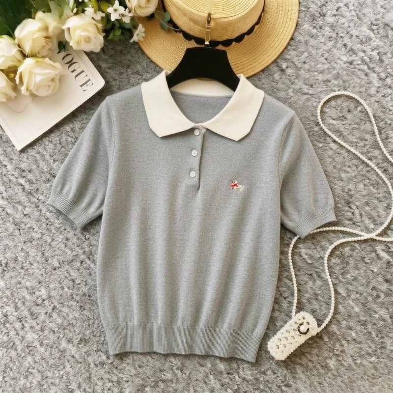 Women Beige Contrast Collar Knit Polo Top Short Sleeve Button Front Slim Fit Casual Elegant Lady Y2K Korean Style All Season