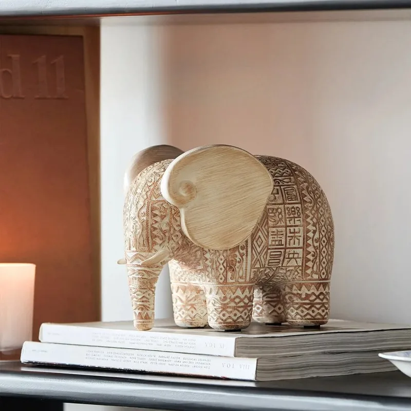 Elephant Figurine with Elaborate Embossment Feng Shui Ornament for Luck, New Chinese Ceramic Decor, Zen Entryway Table Accessory